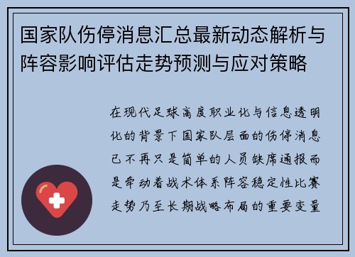国家队伤停消息汇总最新动态解析与阵容影响评估走势预测与应对策略